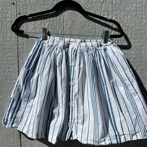 Jacadi Paris Skirt Girls 12A White Blue Stripe Lined Button Front Pockets boho - Picture 2 of 6